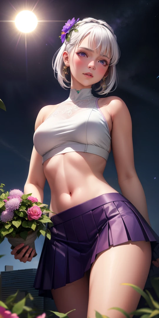 realistic, 1girl, white hair, purple eyes, glowing eyes, crop top, skirt, parted lips, blush, night, flowers, sun, sunlight,