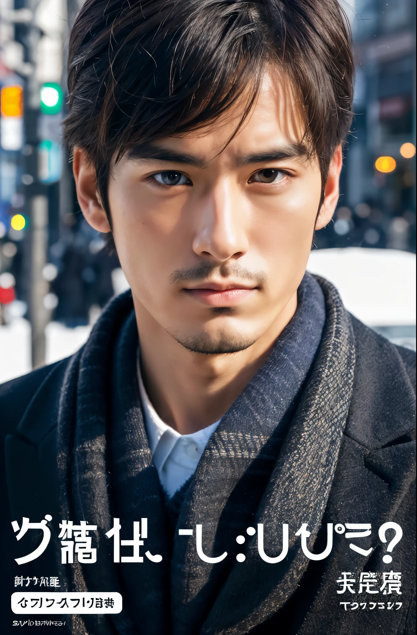Photorealsitic, 8K full body poster, a handsome, japanes, a 25-year-old man, serious facial expression, Sharp eyes, A charming expression, detailed face details, TOKYOcty, Winters, Shibuya in the background