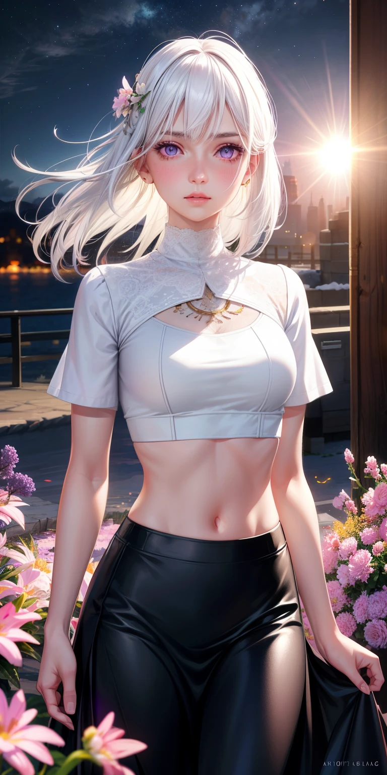 realistic, 1girl, white hair, purple eyes, glowing eyes, crop top, skirt, parted lips, blush, night, flowers, sun, sunlight,