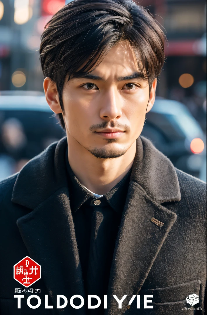 Photorealsitic, 8K full body poster, a handsome, japanes, a 25-year-old man, serious facial expression, A charming expression, detailed face details, TOKYOcty, Winters, Shibuya in the background