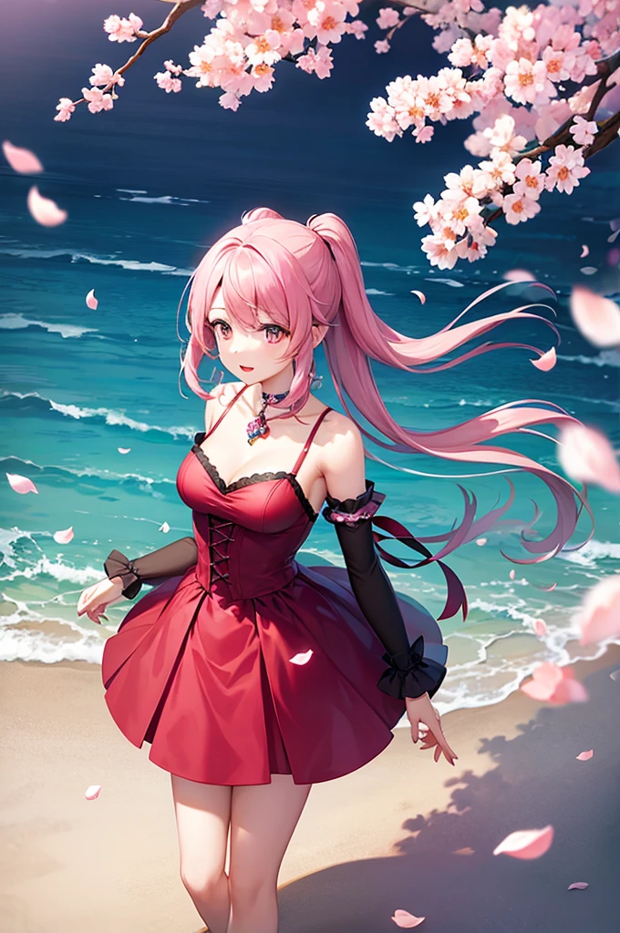 Woman with pink hair, red dress, white skin, elegant, young, single, beautiful woman