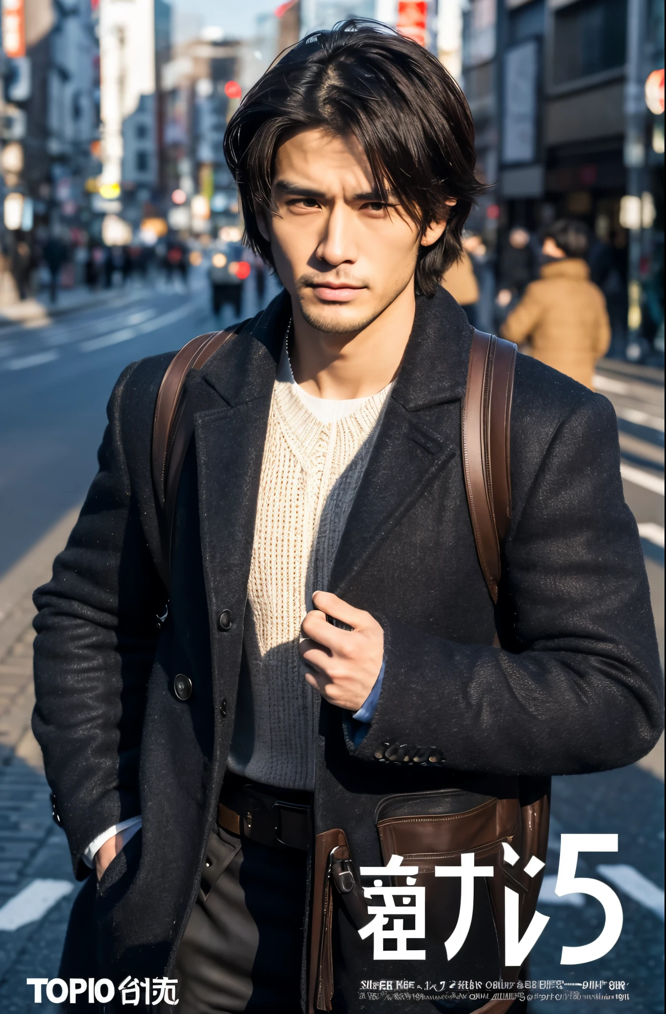 Photorealsitic, 8K full body poster, a handsome, japanes, a 25-year-old man, serious facial expression, A charming expression, detailed face details, TOKYOcty, Winters, Shibuya in the background