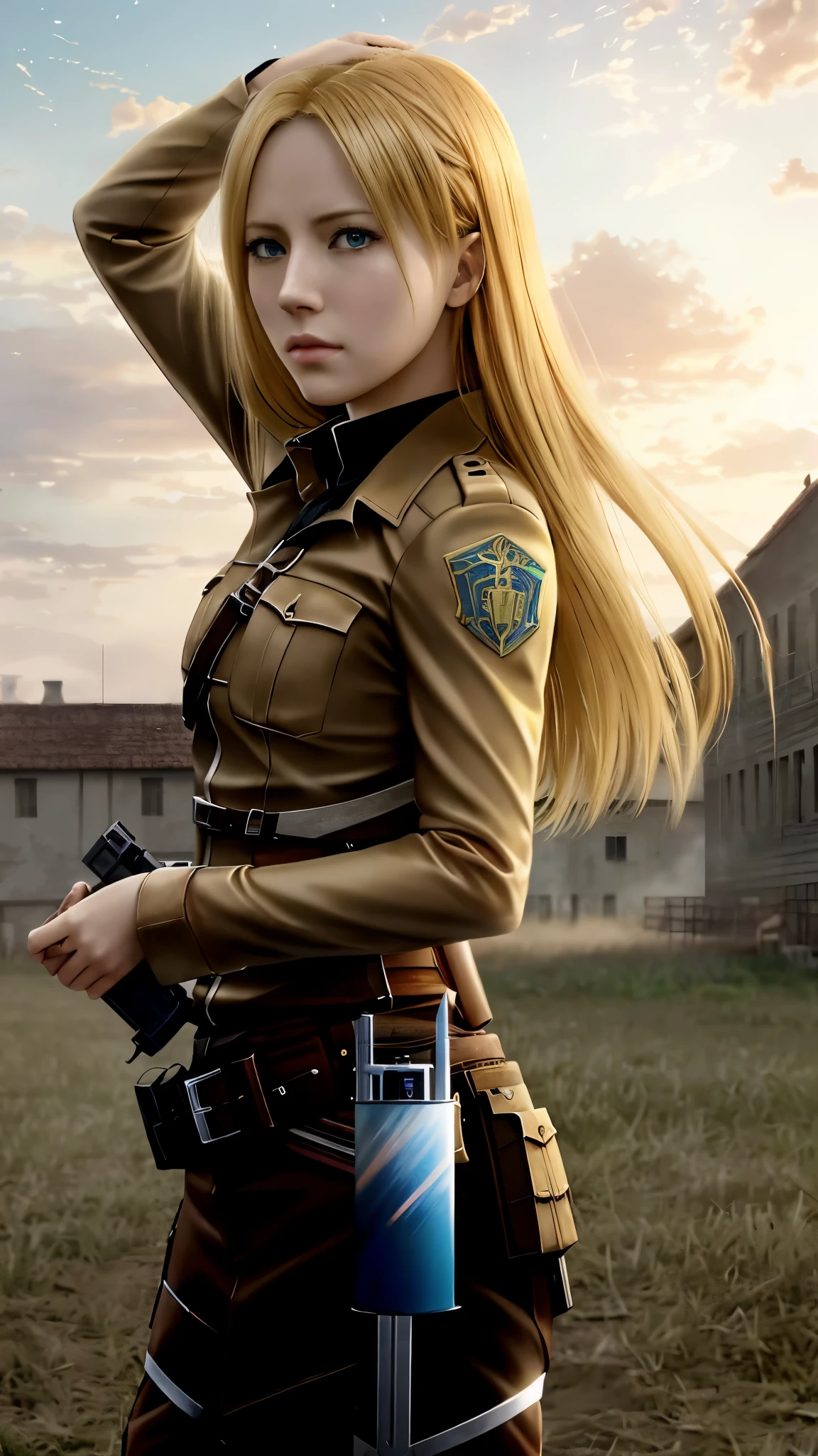 a close up of a woman with a gun in a field, from attack on titan, annie leonhart, looking like annie leonhart, attack on titan covert art, (attack on titans anime), in attack on titan, attack on titan, snk, attack on titan anime style, attack on titans, shingeki no kyojin, female protagonist 👀 :8，A giant female horn color glass tower · connection（Crysta Lens，Christa Lenz，voice：Eda Mikami），golden hair，Long golden hair，Combat attire，binh，metal light holder，golden hair，A giant female horn color glass tower · connection（Crysta Lens，Christa Lenz，voice：Eda Mikami），golden hair，Long golden hair，Combat attire，binh，metal light holder，golden hair，blue color eyes，Attack on Titan female character Historia，golden hair，Long golden hair，Combat attire，binh，metal light holder，golden hair，blue color eyes