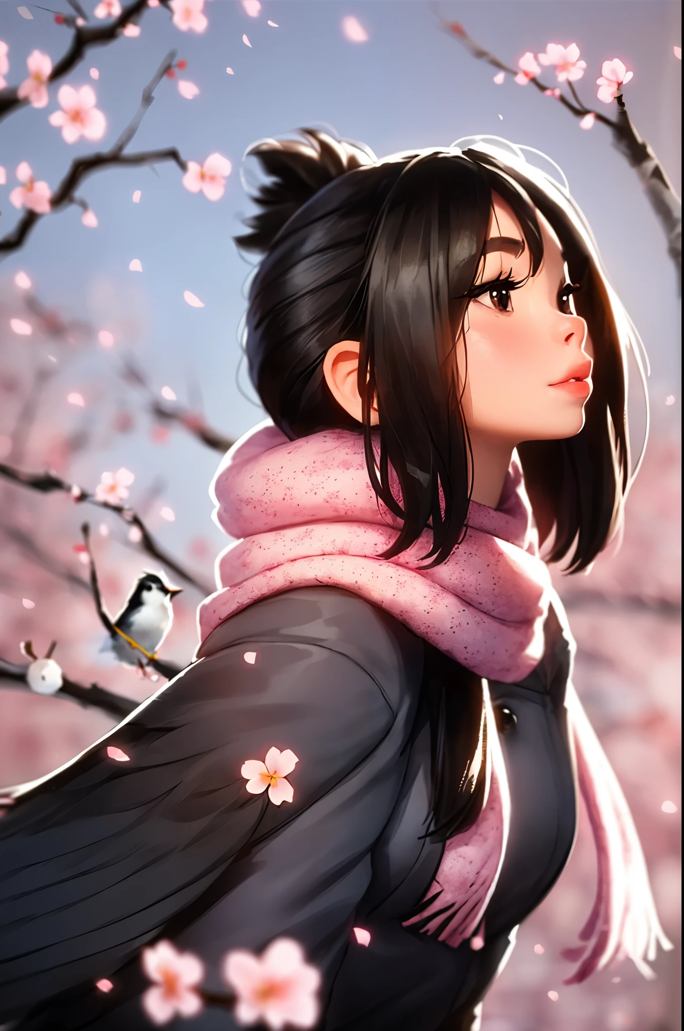 sam yang,
1girl, bird, black eyes, black hair, blurry, blurry background, cherry blossoms, lips, long-tailed tit, looking up, medium hair, profile, scarf, solo, tit (bird)
, ((masterpiece))