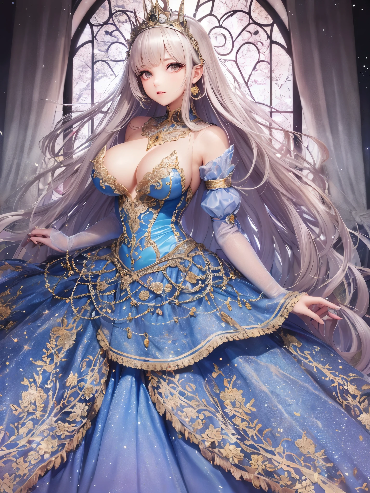 ((anime artstyle)),(Masterpiece),(Best Quality), (Super Detail),((Very Delicate and Beautiful)),(((Solo))),((full body)),(((1 princess in gorgeous princess rococo ball gown with voluminous hoop skirt))),((crinoline)),Long train,((bling-bling)),((beautiful embroidery and jeweled ball gown dress)),(gorgeousfull embroidery and lace),(gorgeous gemstone jewelry),detailed face and eyes,jewel-like eyes,((extremely voluminous straight Hair,Very Long Straight Hair)),(((super gigantic breast))),(very long chest),cleavage,gorgeousfull hair ornament,((gorgeousfull glitter jeweled tiara)),beautiful background,((Dynamic Angle)),Looking at viewer,((gorgeous princess rococo ball gown with voluminous hoop skirt)),full body