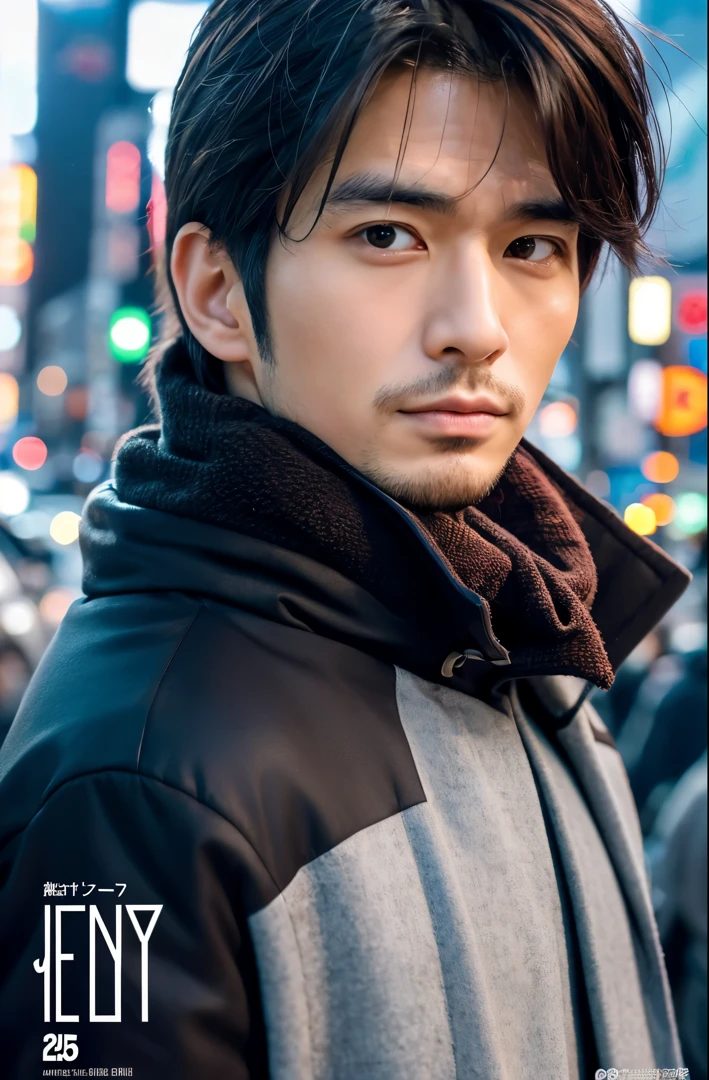 Photorealsitic, 8K full body poster, a handsome, japanes, a 25-year-old man, serious facial expression, Sharp eyes, A charming expression, detailed face details, TOKYOcty, Winters, Shibuya in the background