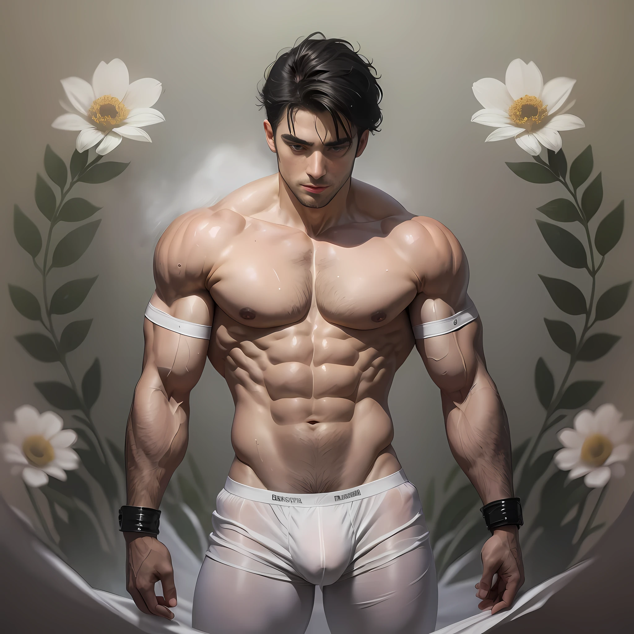 Homem musculoso com cabelo preto, Rosto europeu, Corpo de Deus grego, cintura pequena, Dressed in a small wet white boxer and a huge bulge underneath, Cabelo curto claramente elegante, dentro do tempo grego antigo, Flowers and mist around