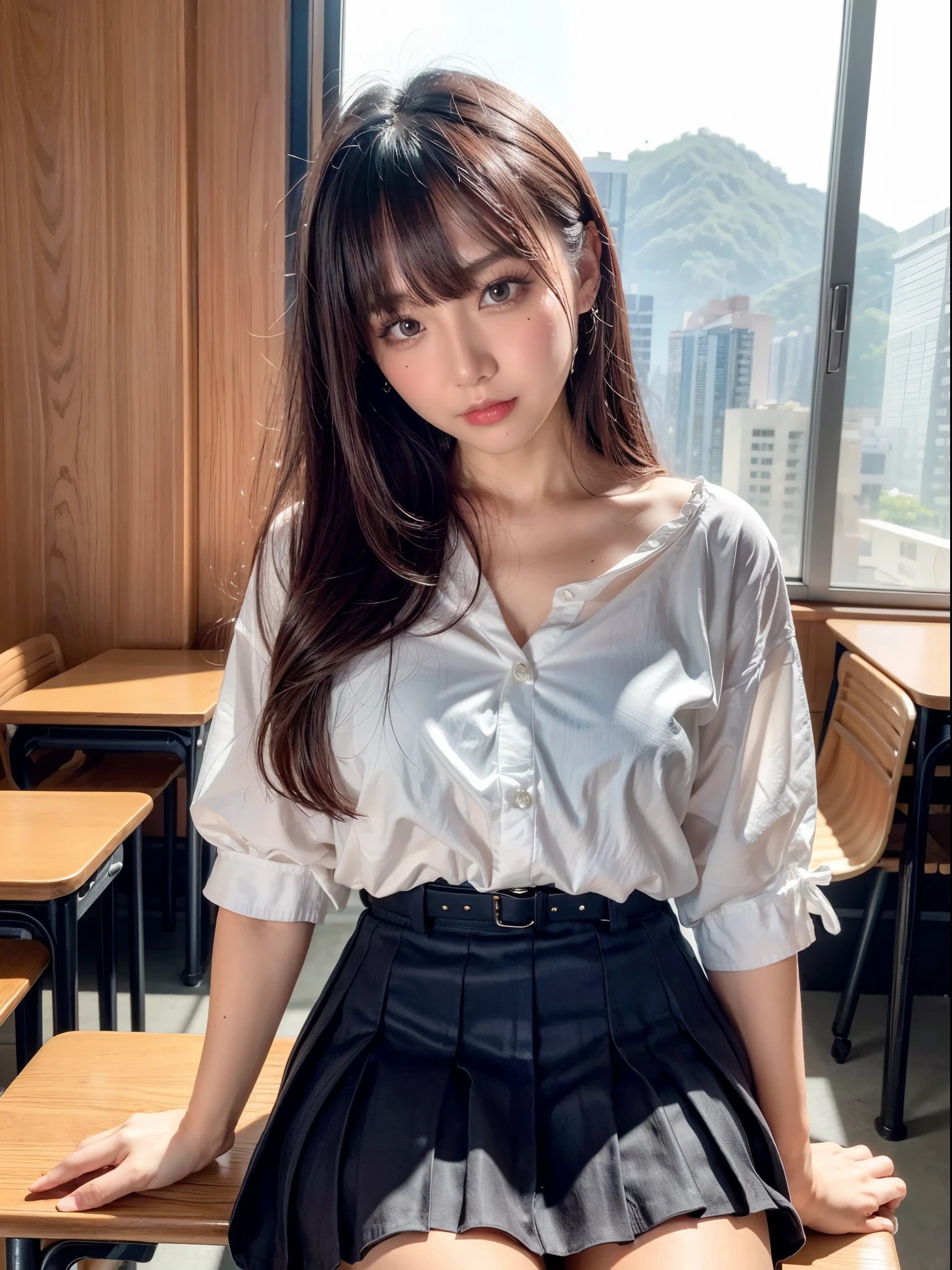 Super detailed, highest quality, masterpiece, 8k, Absurd, girl, smile, (squat, Spread your legs:1.3), View your viewers, Long Hair, brown hair, We say, Droopy eyes, Shiny skin, Detailed skin, Detailed face, glamorous, Sensual, curvy, (Idol, , underwear:1.3), curvy, Japanese Idol, Cute face, 20-year-old, Japanese, In the classroom, In the hallway, On campus, With door, with window, with chair, With desk, RAW Photos, Real person, Realistic, Ultra-realistic photos, Portrait Photography, Cowboy Shot, Front view, (shot from the ground, Dynamic Angle:1.3), sharp, Cinema Lighting, Depth of written boundary,((Shots))、((A woman rolling up her skirt))、((From below:1.48))、((Crotch close-up:1.54))、((Pictures that emphasize pussy))、the most 美しい woman in the world、the most 美しい woman in the world、((Spread your legs out to the side:1.4))、((Spread your legs out to the side:1.4))、(((Open shirt)))、((Visible nipples))、((No panties))、((Shots))、((A woman rolling up her skirt))、pussy