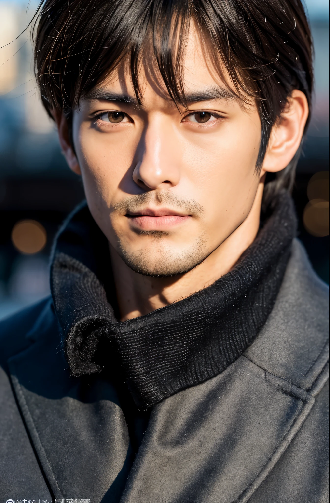 Photorealsitic, 8K full body poster, a handsome, japanes, a 25-year-old man, serious facial expression, Sharp eyes, A charming expression, detailed face details, TOKYOcty, Winters, Shibuya in the background