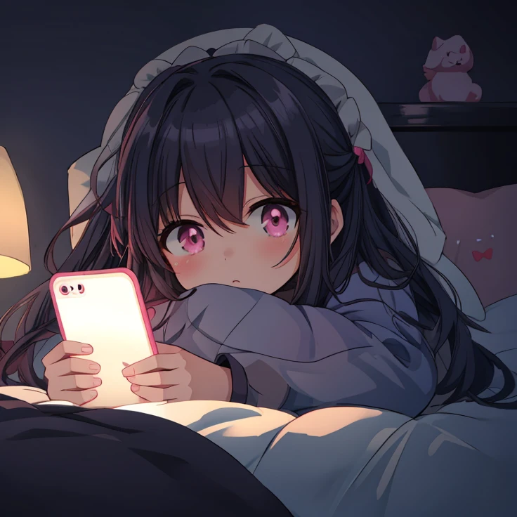 anime girl pink eyes, in bed with a phone and pillow in her hand, looking her phone, anime visual of a cute girl, cute anime girl, digital anime illustration, anime picture, 4k manga wallpaper, 4k anime wallpaper, soft anime illustration, anime wallaper, anime art wallpaper 8k, guweiz on pixiv artstation