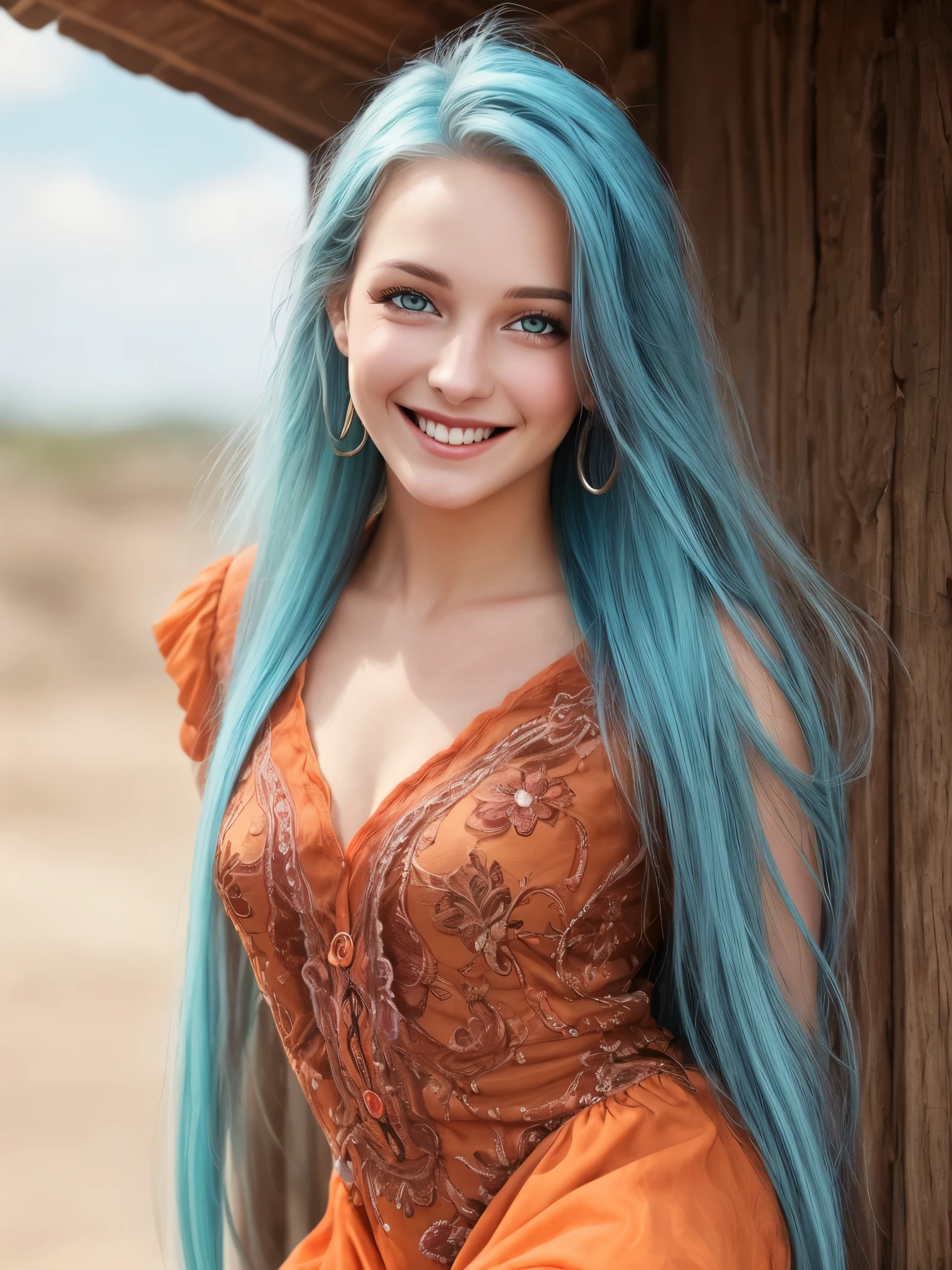 (Realistic:1.5), A highly detailed photo of a stunningly beautiful young woman in a minuscule clothes. Long rusty-cyan colored hair blowing in the wind . Dazzling and glowing orange-red eyes, (freckles:0.3). Cute sexy, mouth smiling wide with joy. Leaning towards the camera. Free-spirited persona. Looking directly at the camera and winking