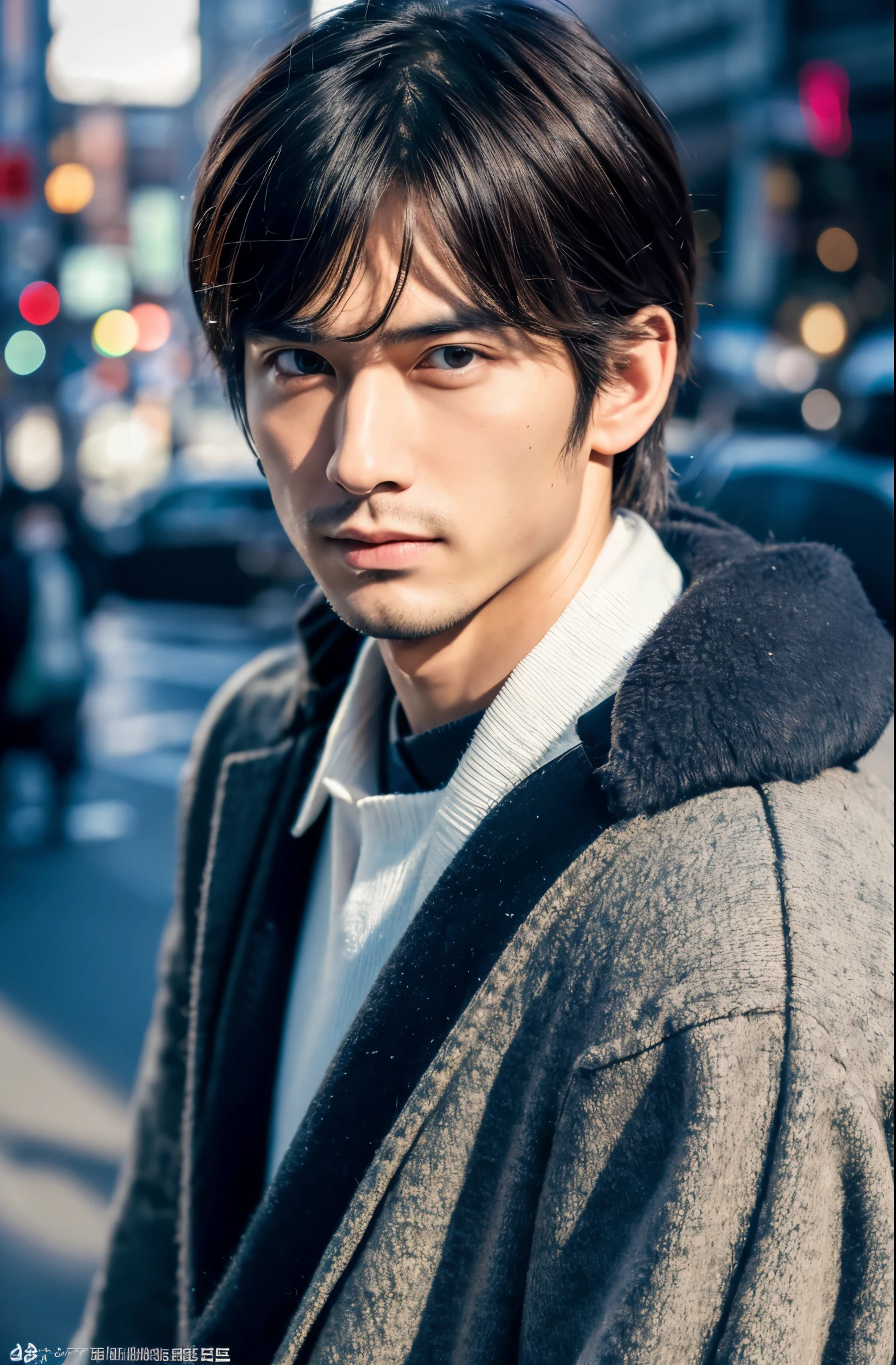 Photorealsitic, 8K full body poster, a handsome, japanes, a 25-year-old man, serious facial expression, Sharp eyes, A charming expression, detailed face details, TOKYOcty, Winters, Shibuya in the background