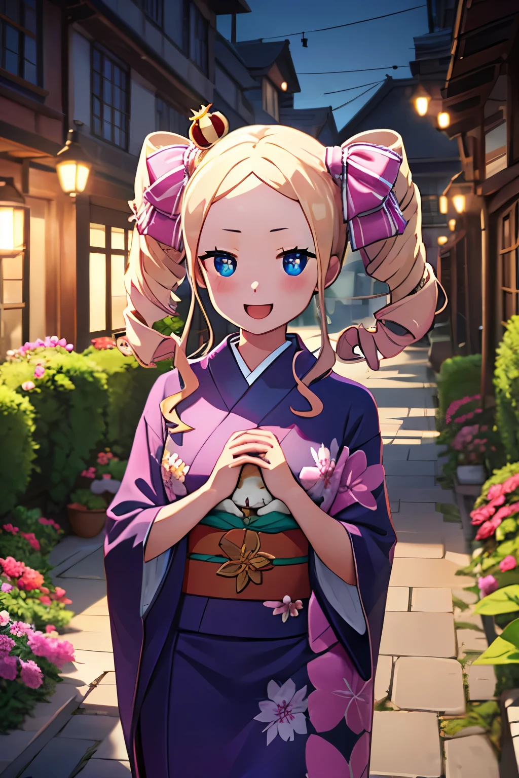 masuter piece, Best Quality, 超A high resolution, top-quality, Anime style, Best Lighting, Beautiful face, masuter piece, Best Quality, 超A high resolution, top-quality, Anime styleら, The best lighting, Beautiful face, Rezero, Beatrice, (dark pink kimono:1.3), (Yellow band:1.3), (frilld:1.3), (hold a cat with both hands:1.3), (Daytime garden:1.3), Opening Mouth, (happy:1.3), Face Focus, look at your hands, red blush