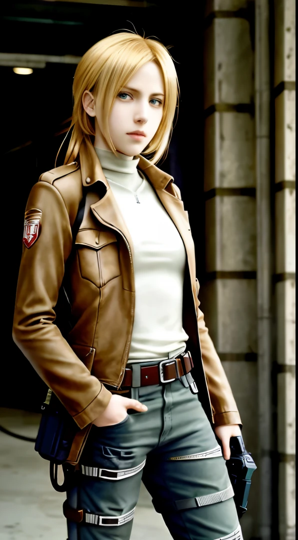 a close up of a person standing near a motorcycle with a helmet on, annie leonhart, looking like annie leonhart, from attack on titan, annie leonhart in a neon city, female protagonist 👀 :8, attack on titan covert art, in attack on titan, snk, female anime character, style of hajime isayama, female protagonist,Attack on Titan female character Historia,golden hair,Long golden hair,Combat attire,binh,metal light holder,golden hair,blue color eyes