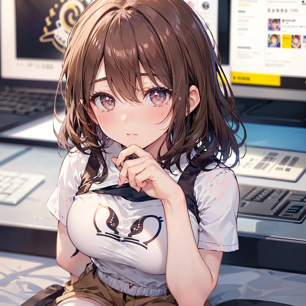 (masutepiece, Best Quality: 1.4), (max resolution: 1.2), (Ultra HDTV: 1.2), cinematric light, 8K resolution, Detailed eyes and skin, detailed facial features, Perfect limbs, Perfect fingers, Anatomically accurate body, Fingers in natural shape, Realistic texture, (The focus is on the whole body:1.7), (cafes), (Working on a computer:1.5), Perfect Style, (Beautiful face, kawaii eyes, Clear eyes, realisticeyes), acurate, Anatomically correct, Highly detailed face and skin texture, Detailed eyes, Double eyelids, Thin eyebrows, Glitter Eyeliner: 1 Natural cheeks, Glossy skin, Fair skin: 1.2, (Glossy lips: 1.4), (Shy look: 1.2), (#Slim waist), Full body like:1.8, (red blush, embarrassed from:1.1), (shiny lips: 1.1), (Big breasts 1.7), red blush, Neat and clean woman, ((20yr old)), person flowing diagonally, Brown hair, curlyhair, Fetishes, Lustrous hair), (tshirts, shortpants:1.5), cafes, working at a laptop,
