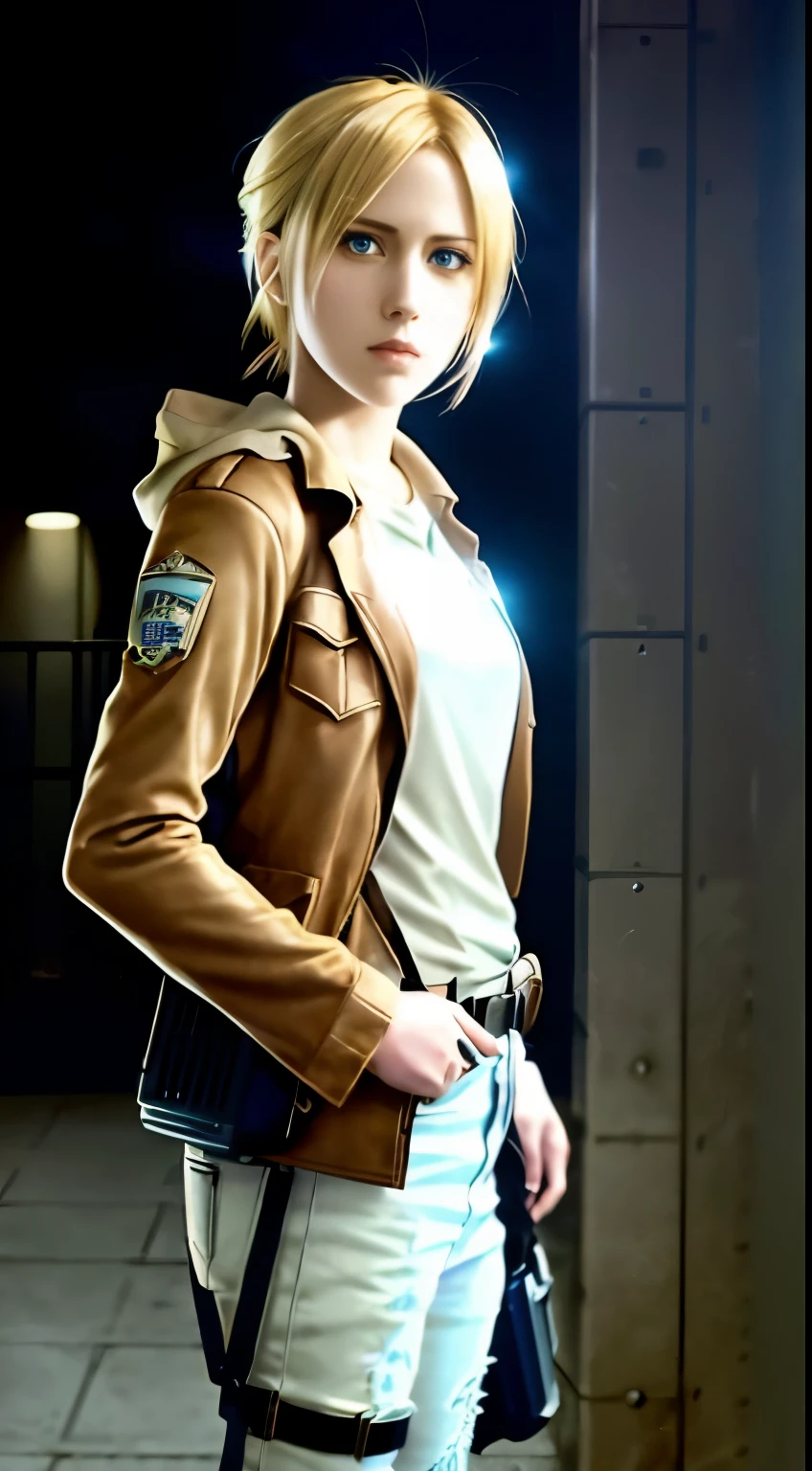 a close up of a person standing near a motorcycle with a helmet on, annie leonhart, looking like annie leonhart, from attack on titan, annie leonhart in a neon city, female protagonist 👀 :8, attack on titan covert art, in attack on titan, snk, female anime character, style of hajime isayama, female protagonist,Attack on Titan female character Historia,golden hair,Long golden hair,Combat attire,binh,metal light holder,golden hair,blue color eyes