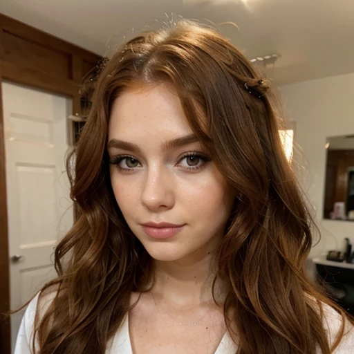 A lady, ginger, wavy hair, makeup