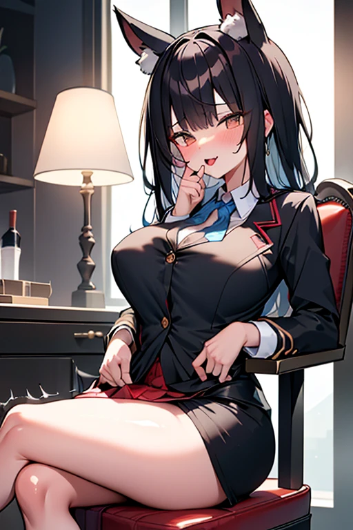 (NSFW:1.1),(8K, RAW photo, highest quality, masterpiece: 1.2),long black hair,dull bangs, toothy smile,Bedroom,(spread your legs wide on the bed:1.1),uniform,red jacket,black pantyhose,white shirt,black ribbon,pleated skirt,long sleeve,shining eyes,(big breasts:1.5),(your cum on my tits),sexy pose