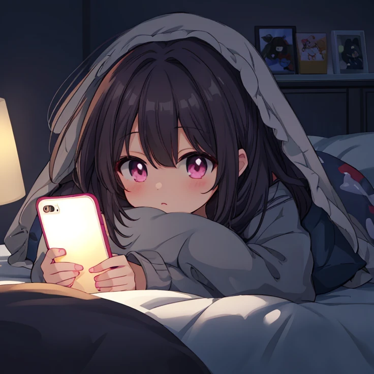 anime girl pink eyes, in bed with a phone and pillow in her hand, looking at her phone, anime visual of a cute girl, cute anime girl, digital anime illustration, anime picture, 4k manga wallpaper, 4k anime wallpaper, soft anime illustration, anime wallaper, anime art wallpaper 8k, guweiz on pixiv artstation
