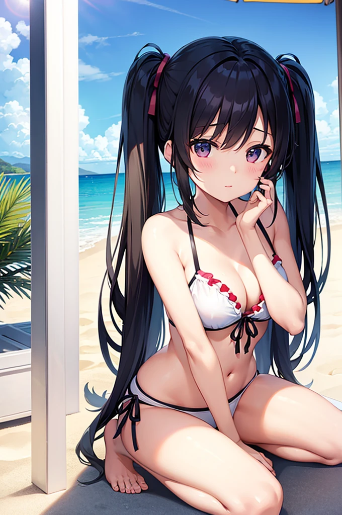 summer sun、the beach、sand beach、a white bikini、a beauty girl、Black hair twintails、hight resolution、