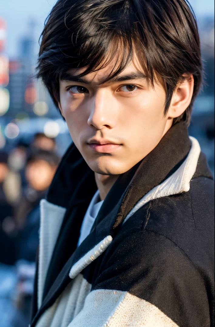 Photorealsitic, 8K full body poster, Beautiful Boys, japanes, An 18-year-old man, serious facial expression, Sharp eyes, A charming expression, detailed face details, TOKYOcty, Winters, Shibuya in the background