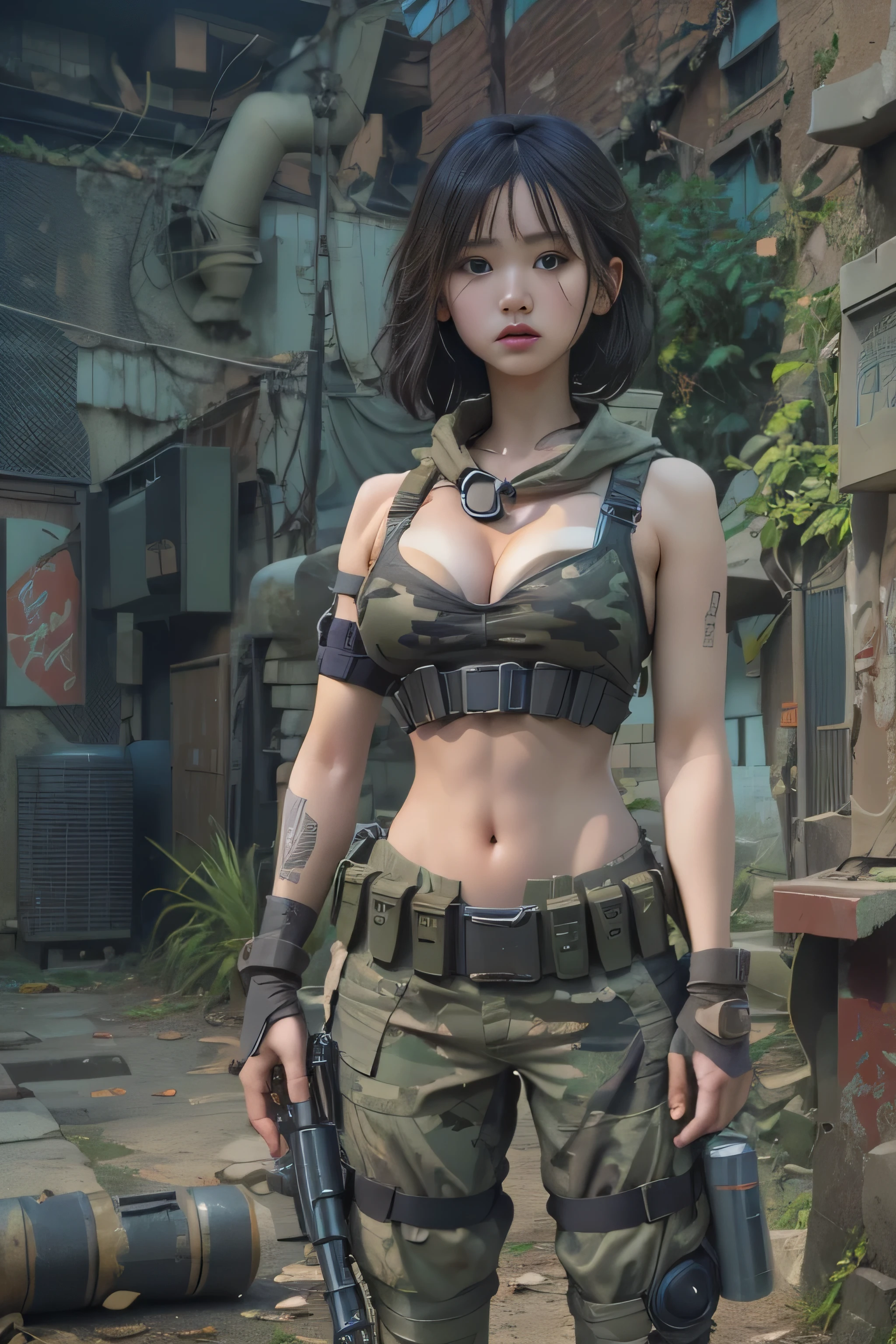 Unreal Engine:1.4,Ultra-realistic 64K CG, Photorealista:1.4, Skin Texture:1.4, Top 1 girls in bikinis ,japanes, , Gatling gun, Shell casing, Looking at Viewer, Bangs, ammunition belt, gloves,Saggy breasts,opening fire,in the picture, A beautiful girl with short black hair wearing a bikini appears..,The delicate face of,Wearing bikini metal,standing on the ruins,The behavior of a woman with a heavy sniper rifle in her hands,cle beige dress, Army Chain,War Jet DSLR background, F/2.8, 5D, 16 K, Hyper-Resolution . Realistic style, key visual, Vibrant,, Normal display, Realistic, Camouflage costumes, soldier, Stripes of camouflage makeup on her face at an angle of 45 degrees, Tough Broad,