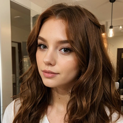 A lady, ginger, wavy hair, makeup