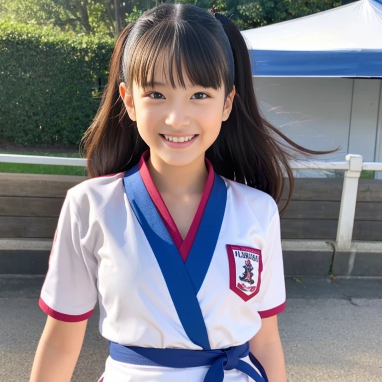a beauty girl、Only the upper body is wearing a karate uniform.、I'm not wearing anything on my lower body.、a smile、