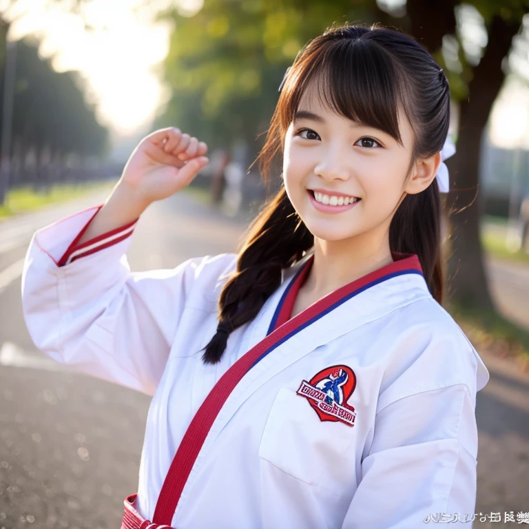 a beauty girl、Only the upper body is wearing a karate uniform.、I&#39;m not wearing anything on my lower body.、a smile、