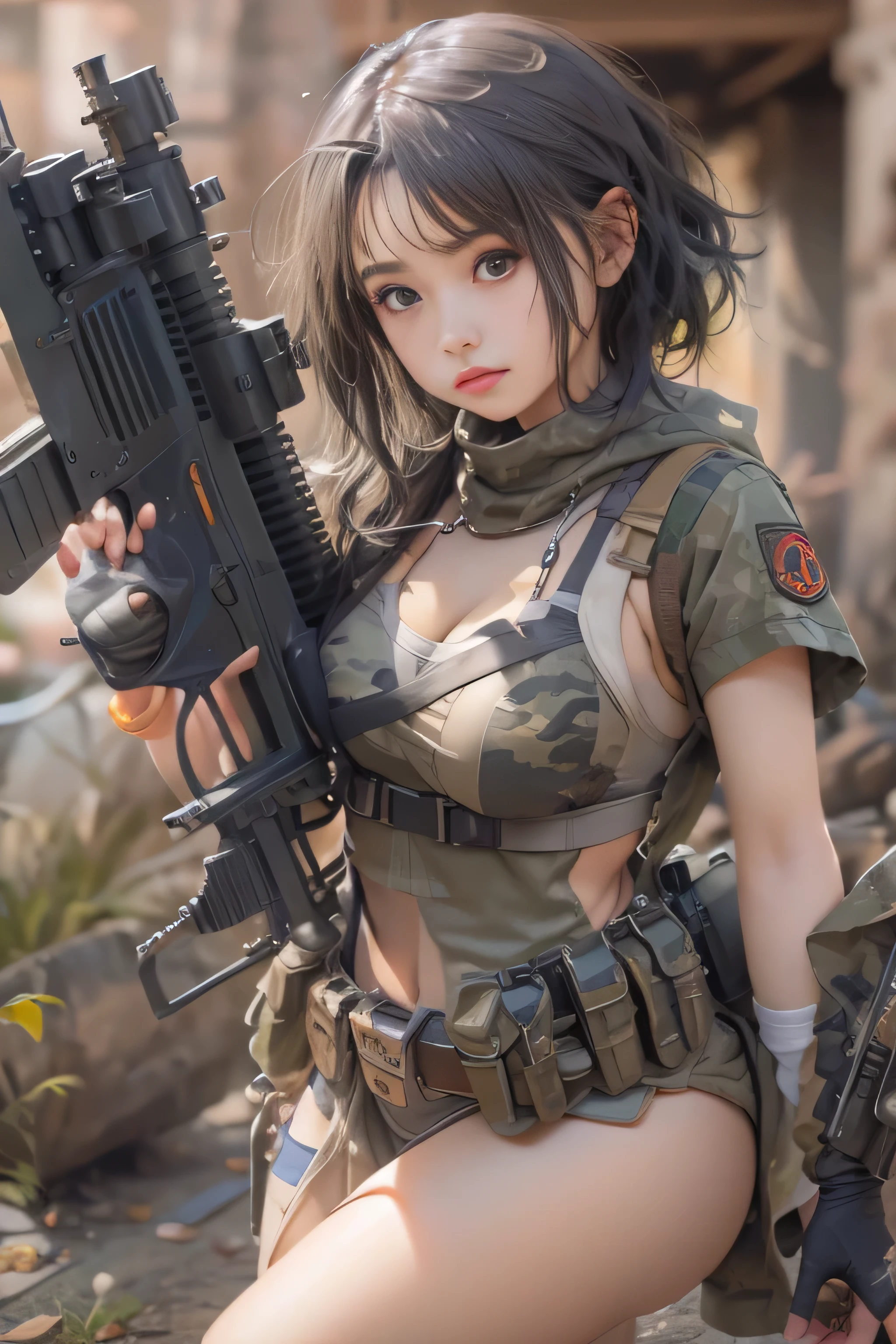 Unreal Engine:1.4,Ultra-realistic 64K CG, Photorealista:1.4, Skin Texture:1.4, Top 1 girls in bikinis ,japanes, sixteen years old, Colossal tits, Lunette de soleil, Gatling gun, Shell casing, Looking at Viewer, Bangs, ammunition belt, gloves,opening fire,in the picture, A beautiful girl with short black hair wearing a bikini appears..，The delicate face of，wearing a black bikini metal，standing on the ruins，The behavior of a woman with a heavy sniper rifle in her hands,cle beige dress, Army Chain,War Jet DSLR background, F/2.8, 5D, 16 K, Hyper-Resolution . Realistic style, key visual, Vibrant,, Normal display, Realistic, Camouflage costumes, soldier, Stripes of camouflage makeup on her face at an angle of 45 degrees, Tough Broad, Running,