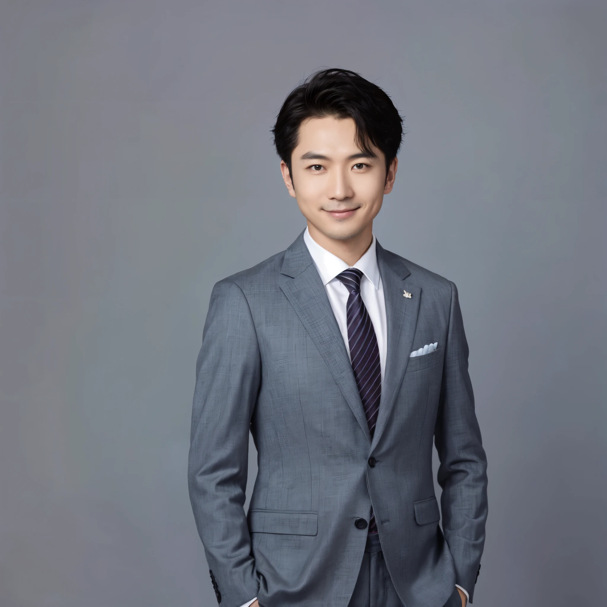 a man in front, handsome, wearing a suit, representative of the company, Asian, proud face, standing, arms crossed, photorealistic, smiling, looking straight at the camera