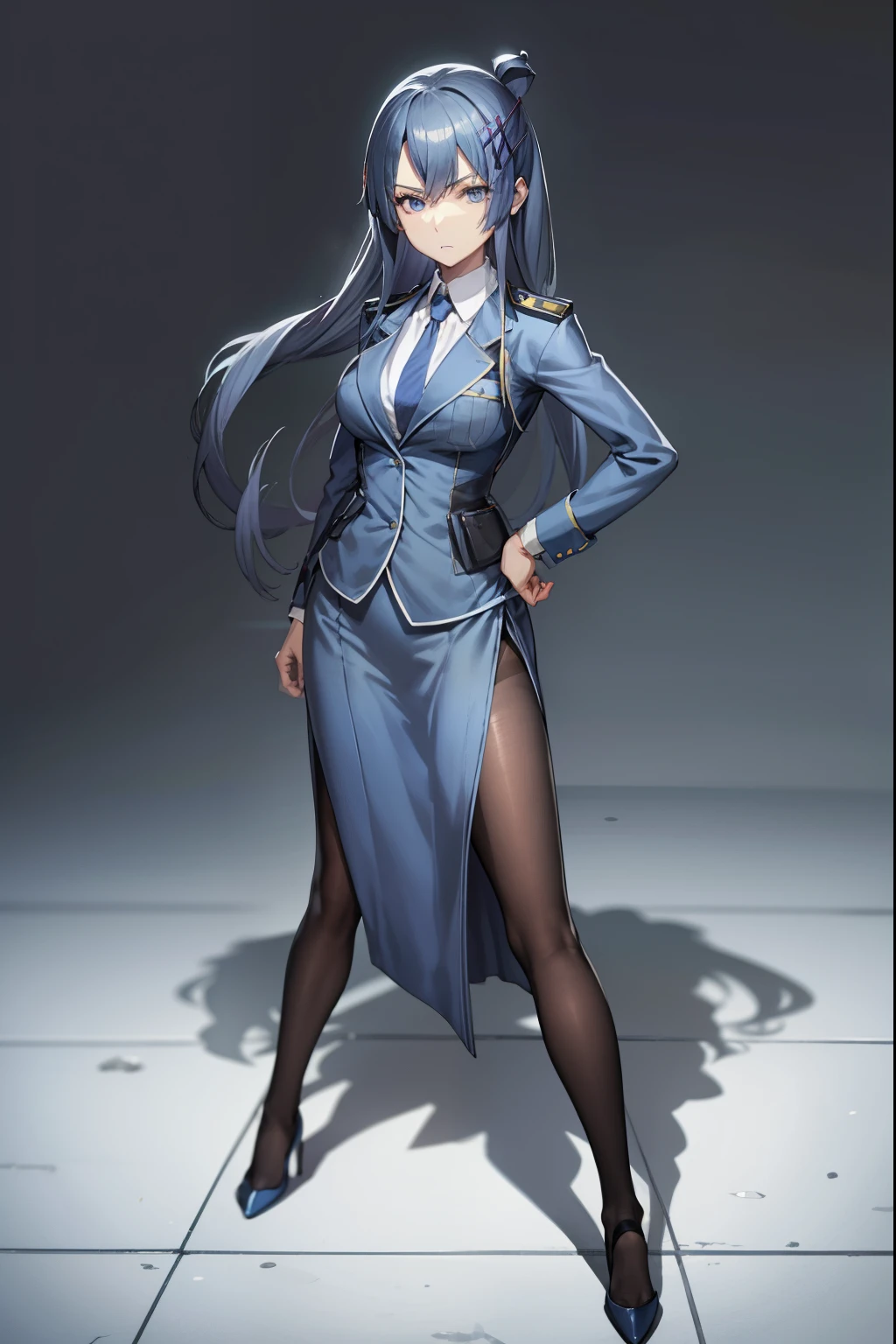 Female Police Officer、Long blue hair、Indigo Tie、Blue tight skirt、Indigo Blazer、pantyhose、high-heels、Standing statue with full body view