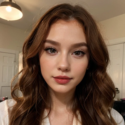 A lady, ginger, wavy hair, makeup, lipsticks, blush