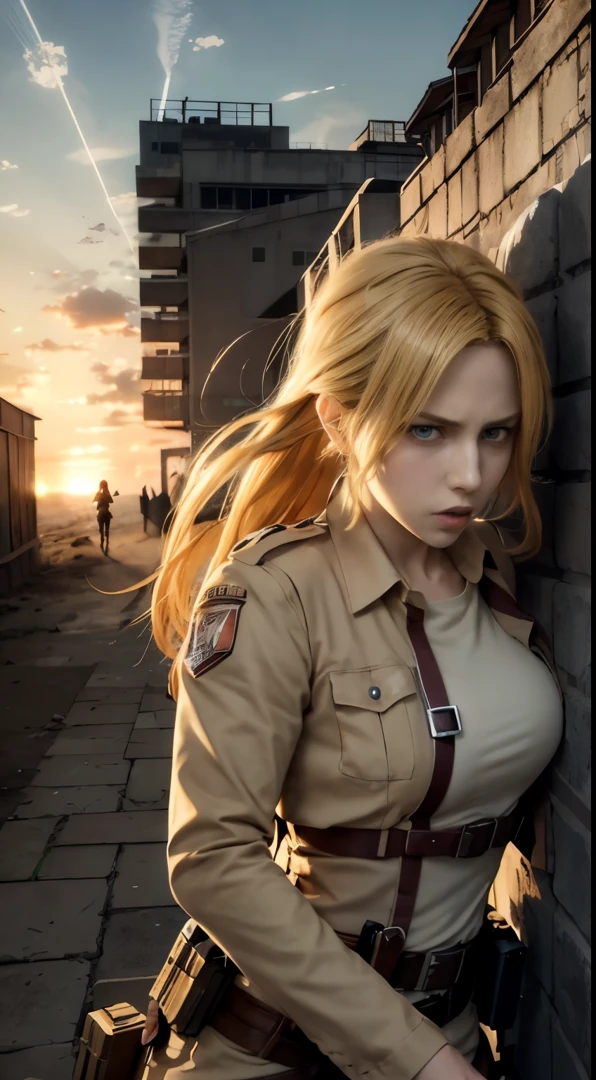 anime character with a gun in his hand and a sunset in the background, annie leonhart, looking like annie leonhart, from attack on titan, in attack on titan, annie leonhart in a neon city, attack on titan covert art, (attack on titans anime), attack on titan anime style, shingeki no kyojin, attack on titans,Attack on Titan female character Historia,golden hair,Long golden hair,Combat attire,binh,metal light holder,golden hair,blue color eyes