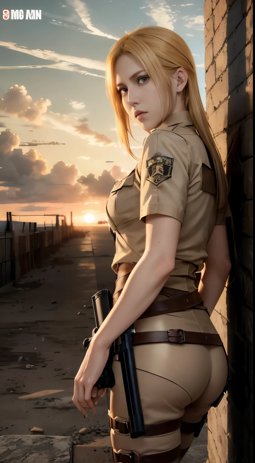 anime character with a gun in his hand and a sunset in the background, annie leonhart, looking like annie leonhart, from attack on titan, in attack on titan, annie leonhart in a neon city, attack on titan covert art, (attack on titans anime), attack on titan anime style, shingeki no kyojin, attack on titans,Attack on Titan female character Historia,golden hair,Long golden hair,Combat attire,binh,metal light holder,golden hair,blue color eyes