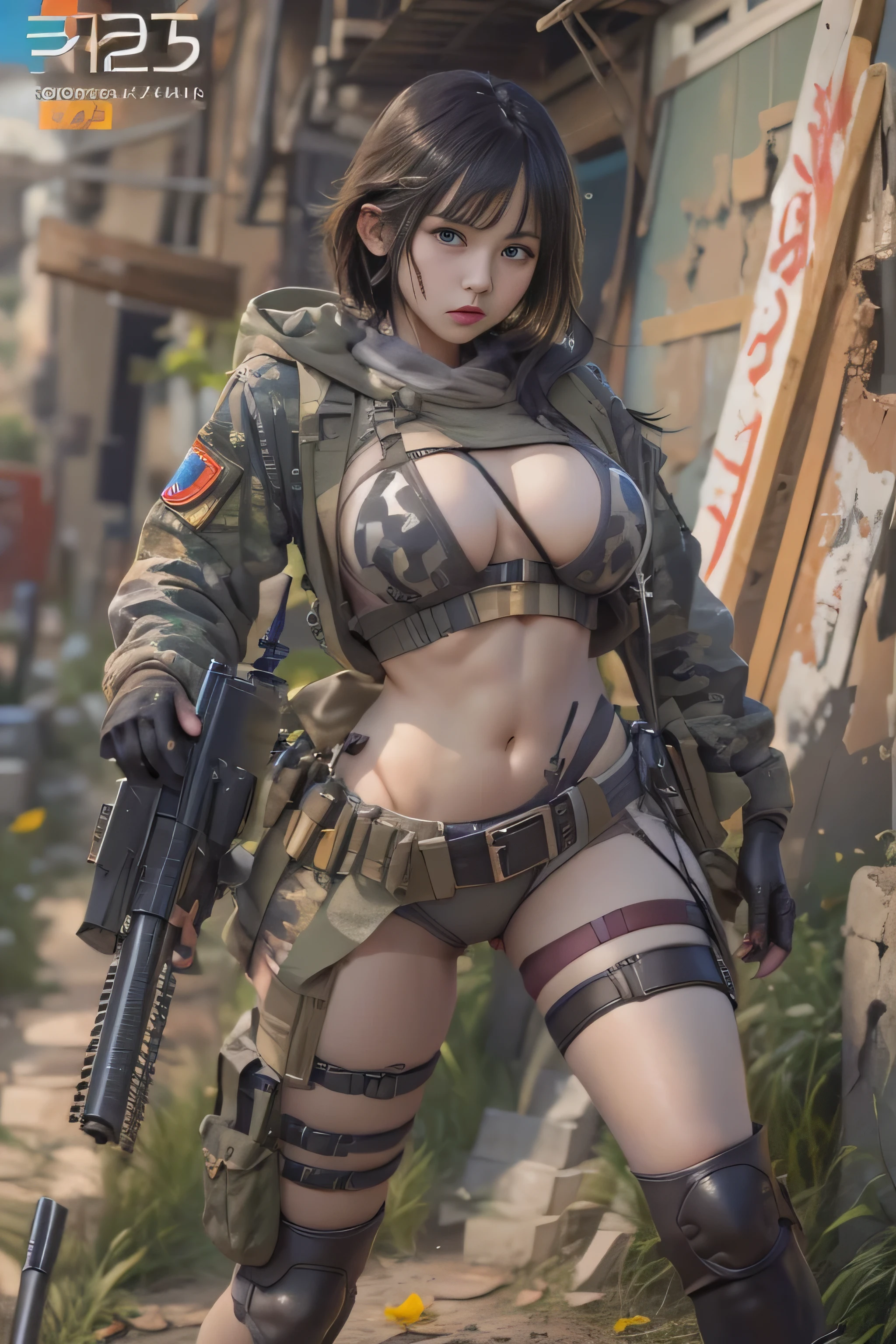 ((foto de corpo inteiro))((foto realista)) Tacticool, uma mulher, (colete: 1.2), militar, 8k, high-res, obra-prima, melhor qualidade, (headpe: 1.3), pele finamente detalhada, transparent black bra, tattoo.
