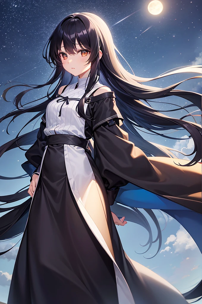 Fantastic night sky、Long black hair waving in the wind、kirakira、hight resolution、