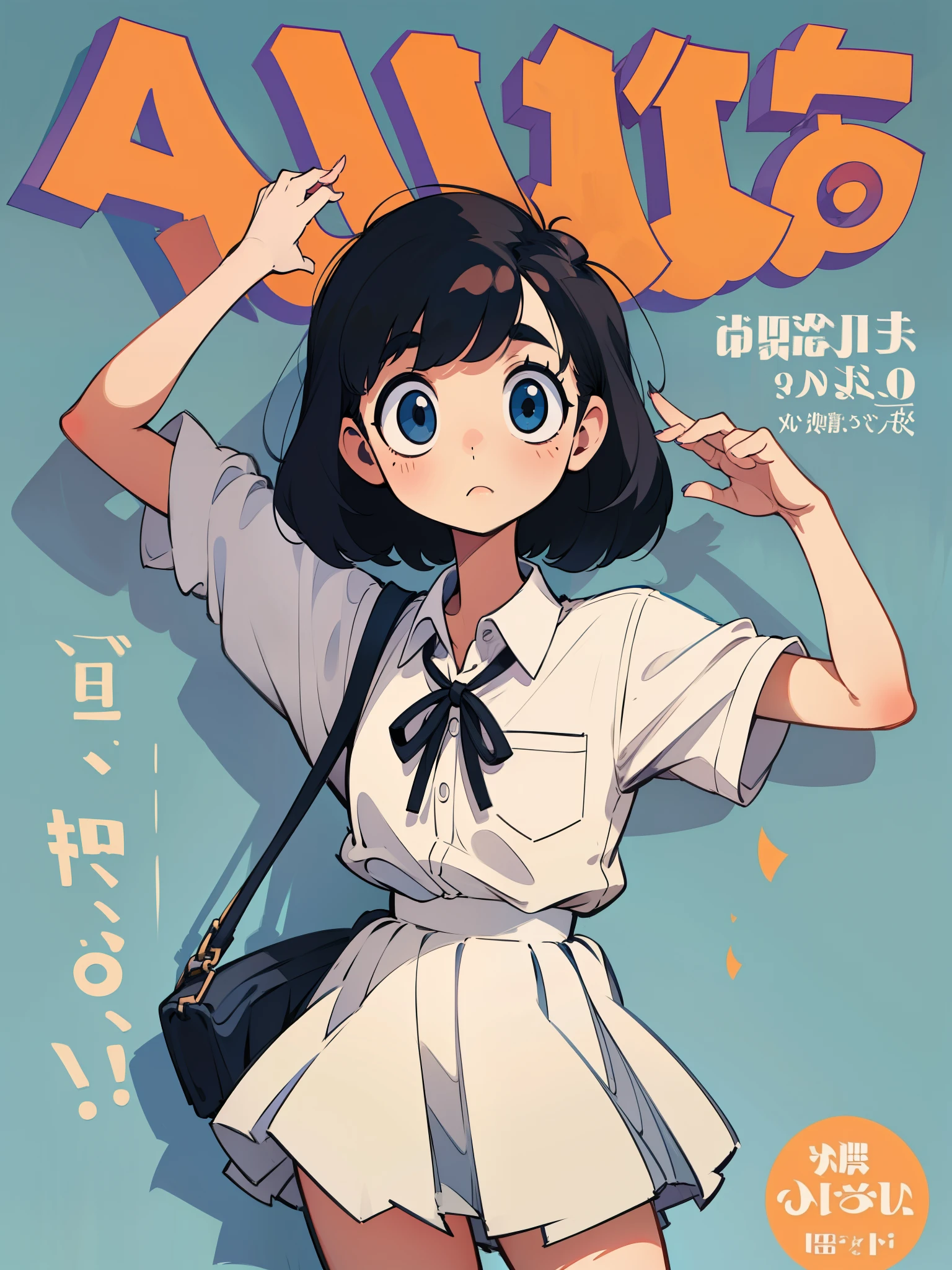 black hair short bob woman,White shirt with ribbon、pleatedskirt、deadpan、(looking at the viewers), (magazine:1.3), (cover-style:1.3), Font,magazine style