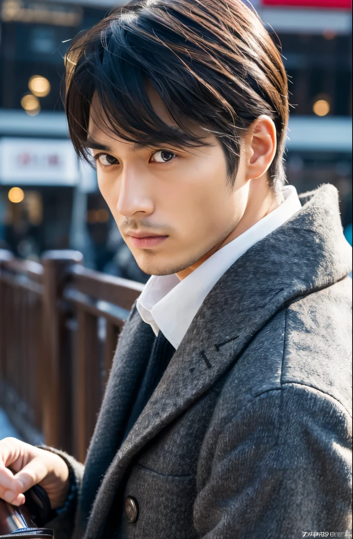 Photorealsitic, 8K full body poster, a handsome, japanes, a 25-year-old man, serious facial expression, Sharp eyes, A charming expression, detailed face details, TOKYOcty, Winters, Shibuya in the background