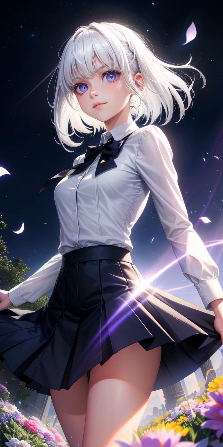 realisticlying，1girl，White hair，Purple eye，glowing light eyes，Cut the top，a skirt，the night，fresh flowers，suns，rays of sunshine，