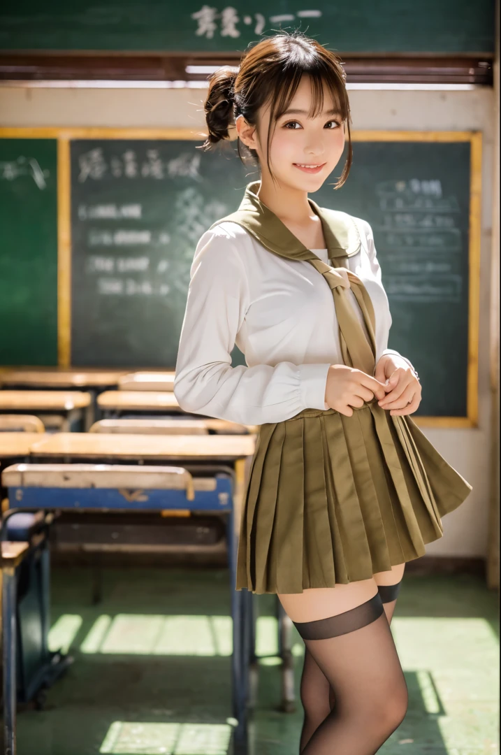 ulzzang -6500-v1.1, (Raw photo:1.2), (Photorealsitic), a beautiful detailed girl, (Real: 1.4), ighly detailedな目と顔, beatiful detailed eyes, (((schools, ‎Classroom, Pleated mini-skirt, 校服, serafuku:1.3)))、(Ultra-realistic pantyhose:1.2), (shoe:1.2), (I keep my hair up and short)、 (Very affectionate smile:1.2)、huge filesize, hight resolution, ighly detailed, top-quality, [​masterpiece:1.6], illustratio, ighly detailed, nffsw, finely detail, top-quality, 8k wallpaper, Cinematographic lighting, 1girl in, 17 age, perfect body type, cute droopy eyes beautiful big eyes、Pieckfinger, ((masutepiece)), Best Quality, 1girl in, eye shadow, Upper body, Portrait, ((FULL BODYSHOT:1.6))、