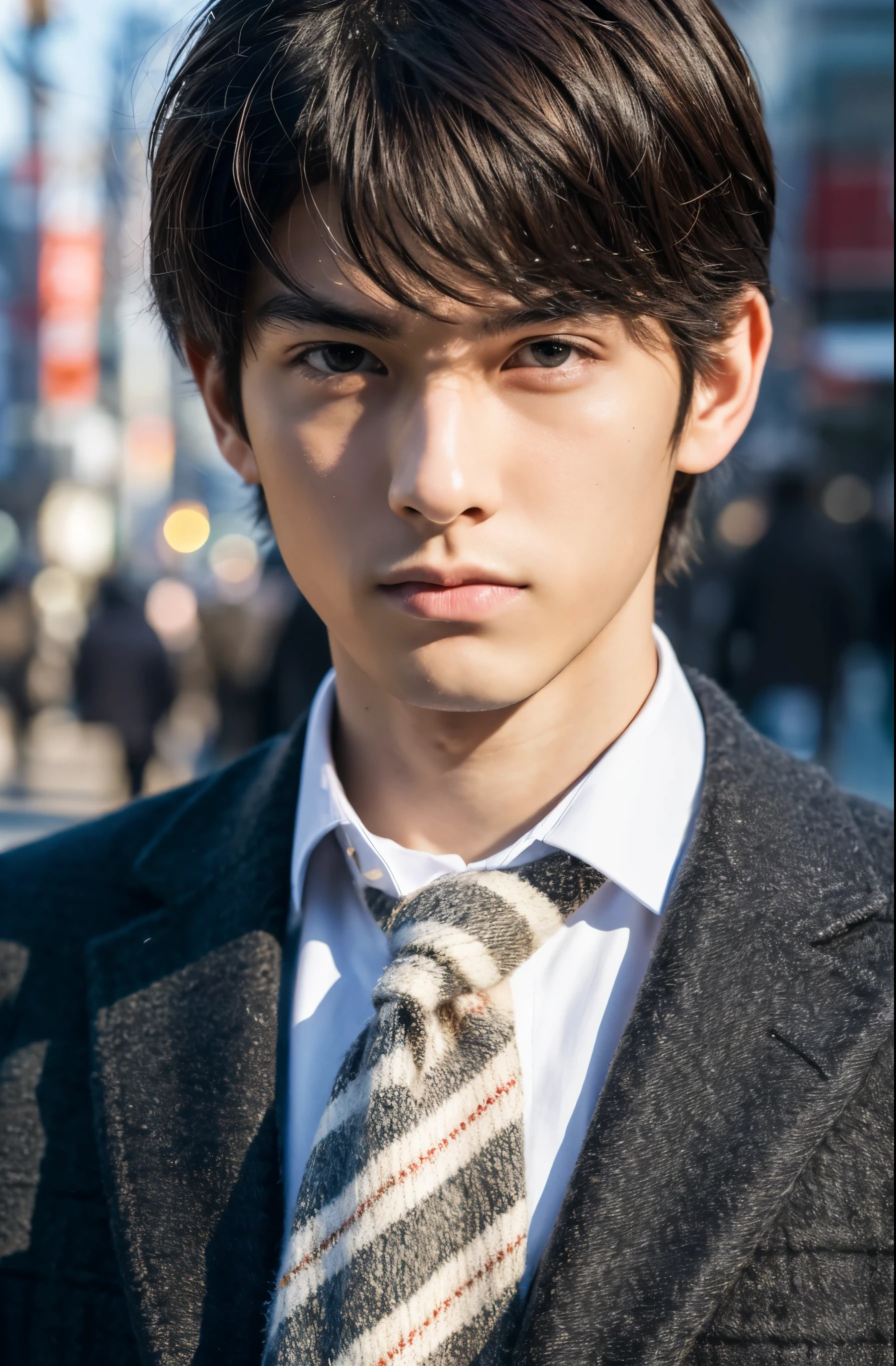 Photorealsitic, 8K full body poster, Beautiful Boys, japanes, An 18-year-old man, serious facial expression, Sharp eyes, A charming expression, detailed face details, TOKYOcty, Winters, Shibuya in the background