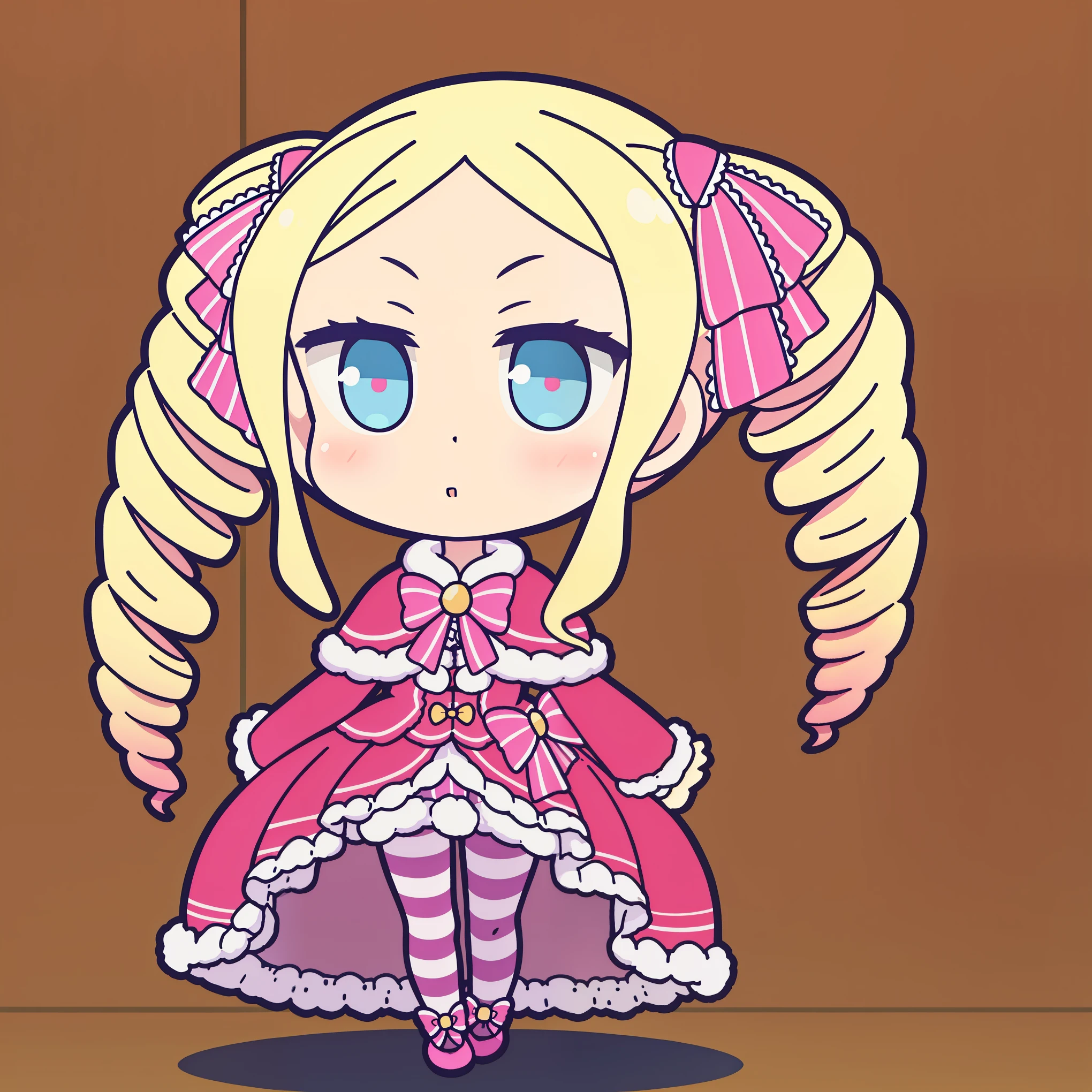 Beatrice, 1girl in,Solo,Long hair,blush,Blue eyes,Blonde hair,Long sleeves,Dress,bow ribbon,Twin-tailed,Full body,hair bow ribbon,pantyhose,side locks,frilld,Striped,Chibi,symbol-shaped pupils,Fur trim,Capelet,Drill Hair,frilled Dress,diadems,Yellow background,twin drills,mini diadems,fur-trimmed Capelet,Striped pantyhose