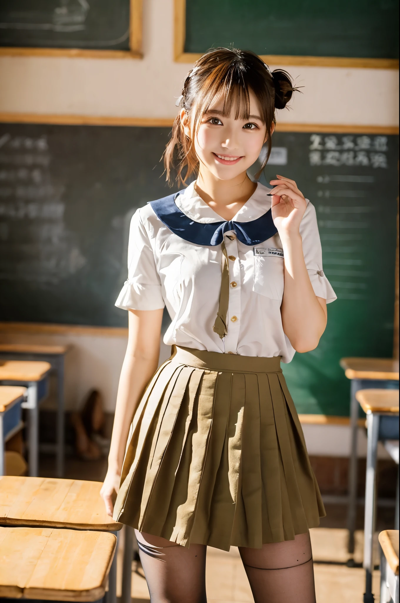 ulzzang -6500-v1.1, (Raw photo:1.2), (Photorealsitic), a beautiful detailed girl, (Real: 1.4), ighly detailedな目と顔, beatiful detailed eyes, ((Schools, ‎Classroom, Pleated mini-skirt, Japan school uniform, serafuku:1.3))、(Ultra-realistic pantyhose:1.2), (shoe:1.2),  (Very affectionate smile:1.2)、huge filesize, hight resolution, ighly detailed, top-quality, [​masterpiece:1.6], illustratio, ighly detailed, nffsw, finely detail, top-quality, 8k wallpaper, Cinematographic lighting, 1girl in, 17 age, perfect body type, cute droopy eyes beautiful big eyes、Pieckfinger, ((masutepiece)), Best Quality, 1girl in, eye shadow, Upper body, Portrait, ((FULL BODYSHOT:1.6))、