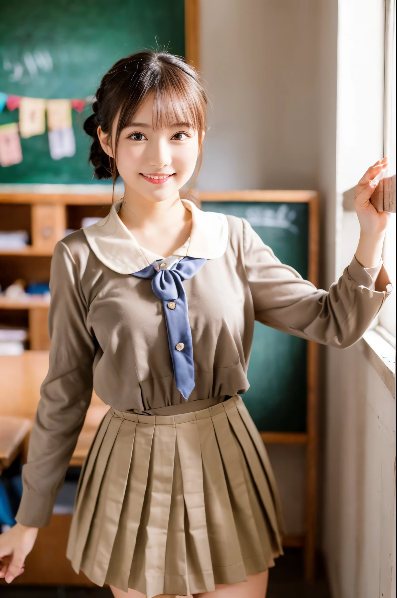 ulzzang -6500-v1.1, (Raw photo:1.2), (Photorealsitic), a beautiful detailed girl, (Real: 1.4), ighly detailedな目と顔, beatiful detailed eyes, (((schools, ‎Classroom, Pleated mini-skirt, 校服, serafuku:1.3)))、(Ultra-realistic pantyhose:1.2), (shoe:1.2), (I keep my hair up and short)、 (Very affectionate smile:1.2)、huge filesize, hight resolution, ighly detailed, top-quality, [​masterpiece:1.6], illustratio, ighly detailed, nffsw, finely detail, top-quality, 8k wallpaper, Cinematographic lighting, 1girl in, 17 age, perfect body type, cute droopy eyes beautiful big eyes、Pieckfinger, ((masutepiece)), Best Quality, 1girl in, eye shadow, Upper body, Portrait, ((FULL BODYSHOT:1.6))、
