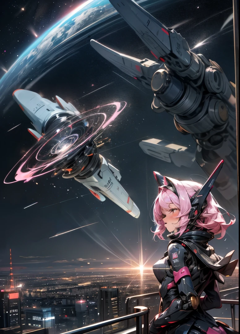 Cosmos, Meteor, Space Station, Glow, Robot, Mecha Girl, Pink Hair, Architecture, glowing_eyes, Mecha, Science Fiction, City, Reality, Mecha