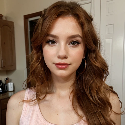 A lady, ginger, wavy hair, makeup, lipsticks, blush, sleeveless shirt, earrings