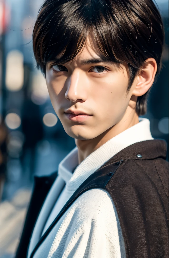 Photorealsitic, 8K full body poster, Beautiful Boys, japanes, An 18-year-old man, serious facial expression, Sharp eyes, A charming expression, detailed face details, TOKYOcty, Winters, Shibuya in the background