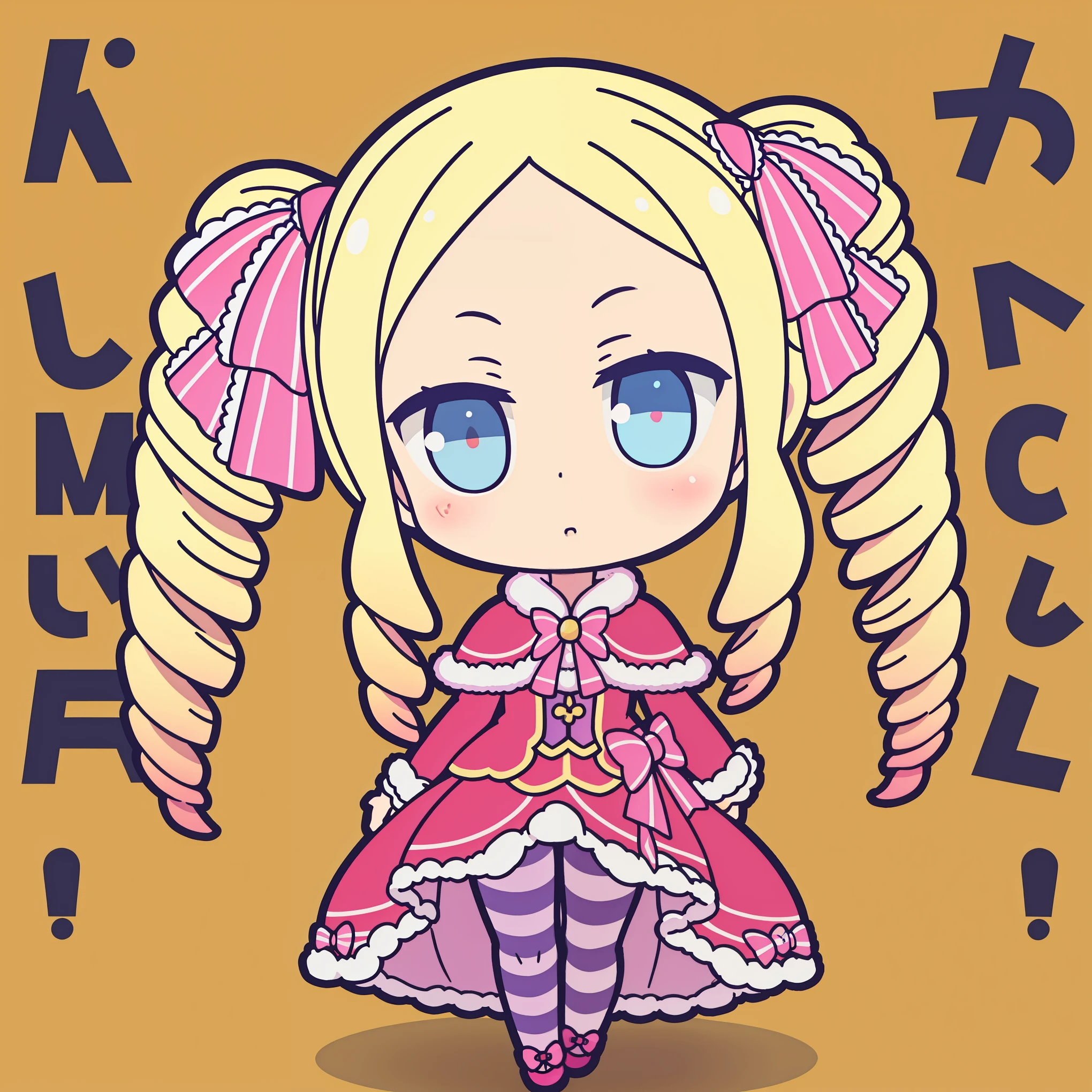 Beatrice, 1girl in,Solo,Long hair,blush,Blue eyes,Blonde hair,Long sleeves,Dress,bow ribbon,Twin-tailed,Full body,hair bow ribbon,pantyhose,side locks,frilld,Striped,Chibi,symbol-shaped pupils,Fur trim,Capelet,Drill Hair,frilled Dress,diadems,Yellow background,twin drills,mini diadems,fur-trimmed Capelet,Striped pantyhose