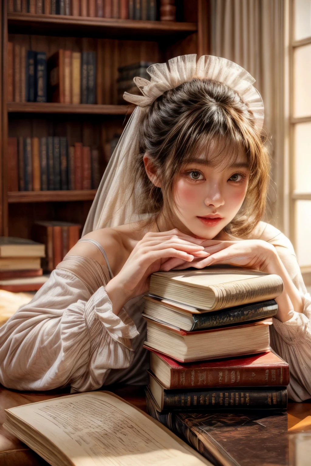 ​masterpiece、8K、32K、top-quality、(A detailed eye)、(A cute Japanese woman、bangss:1.3)、23years old、1 girl in、elegent、(living room、Stacked Books:1.5)、(frilled underwear:1.3)、Cheerful、(Voluptuous:1.2)